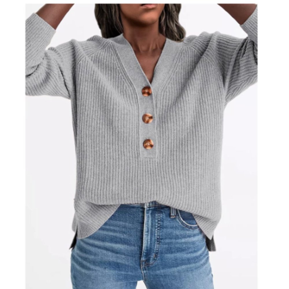 Gray Long Sleeve V-Neck Oversized Ribbed Knit Cozy Relaxed Fit Sweater XL - Picture 2 of 10